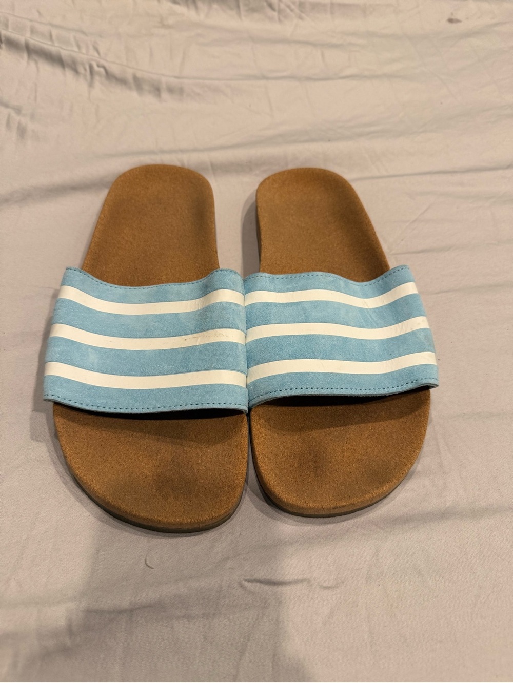 adidas Light Blue and White Stripe Slide Sandals